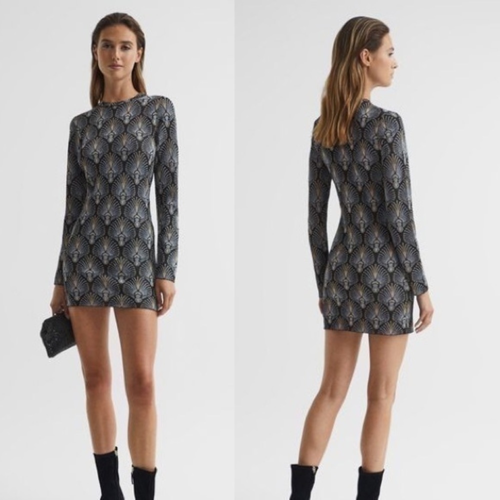Reiss Annie Metallic Jacquard Long Sleeve Mini Dress L